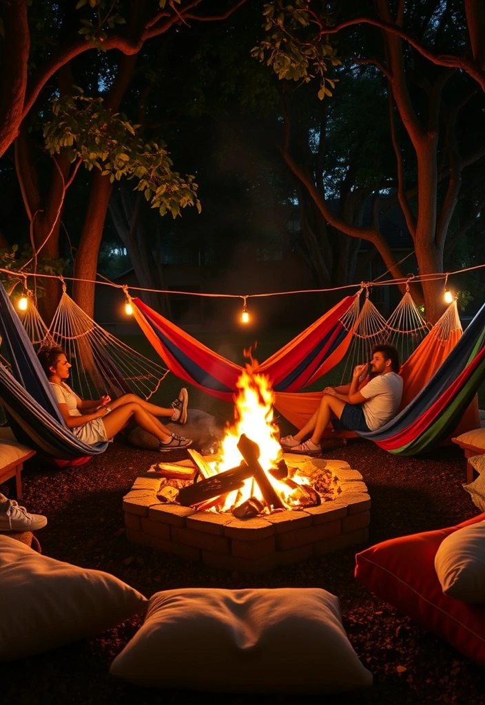 21 Stunning Fire Pit Ideas to Elevate Your Backyard Gatherings (You’ll Love #14!) - 21. Fire Pit with Surrounding Hammocks