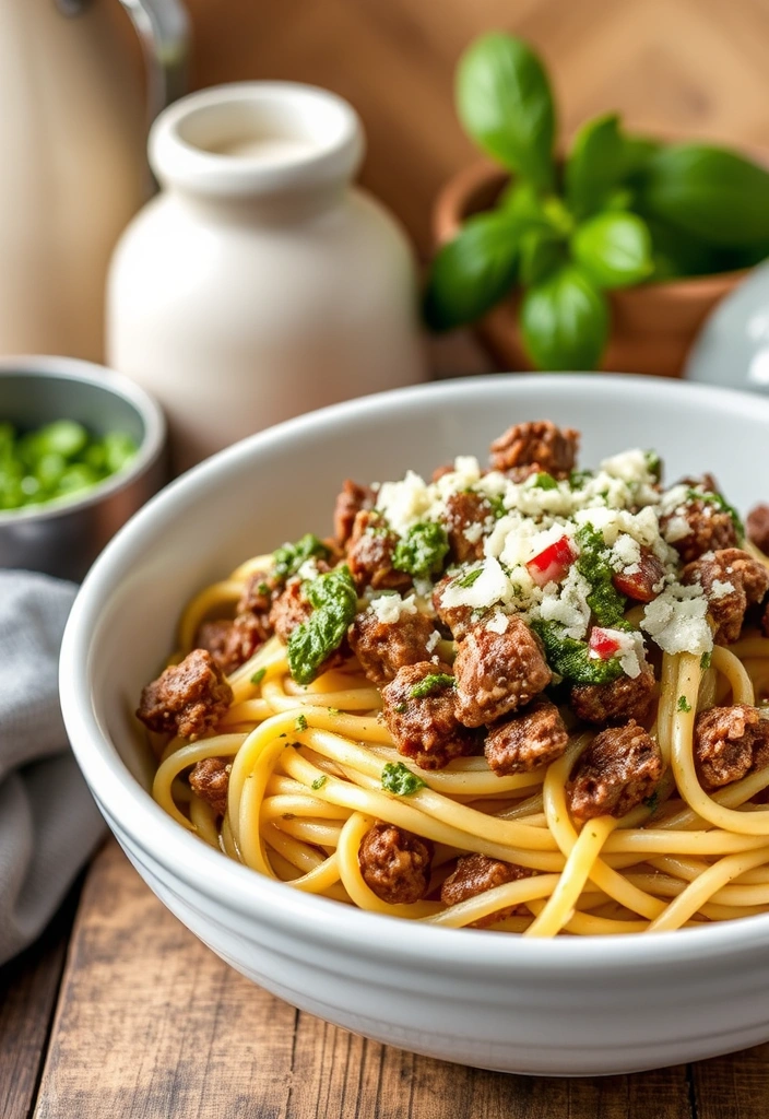 27 Ground Beef Recipes for Dinner That'll Make You the Family Hero! - 20. Beef Pesto Pasta