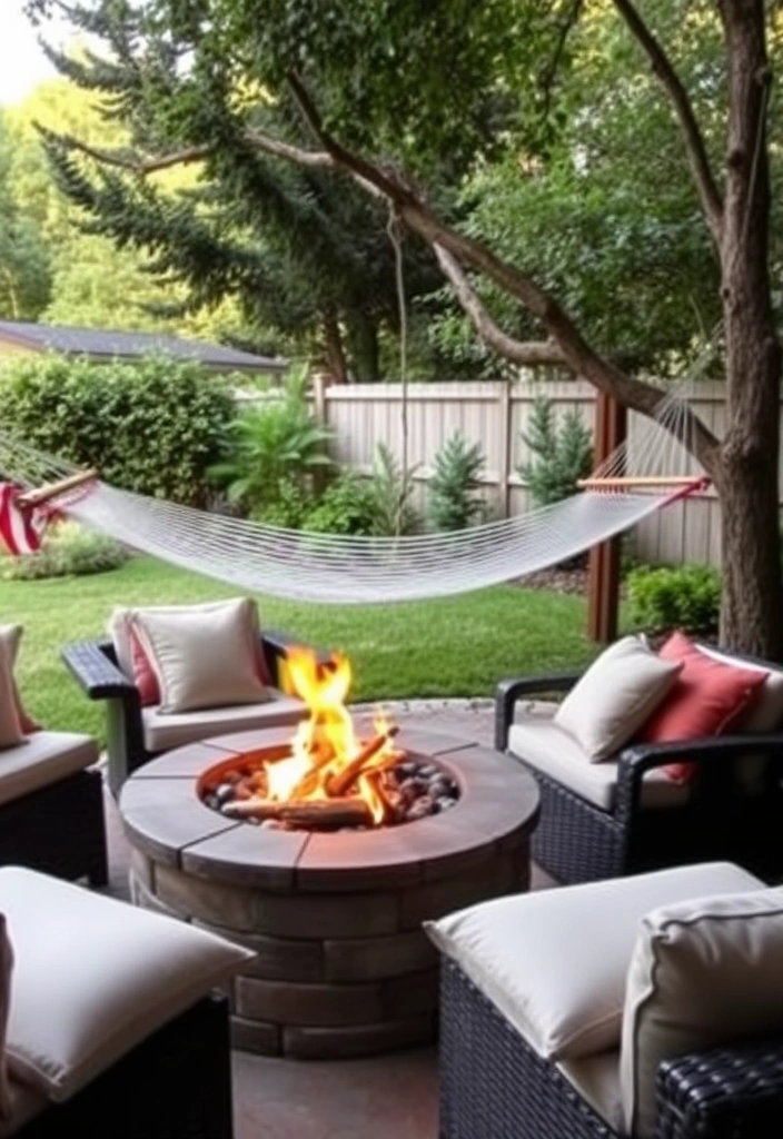 22 Deck and Patio Fire Pit Ideas That Will Ignite Your Outdoor Evenings! - 15. Fire Pit with Hammock Area