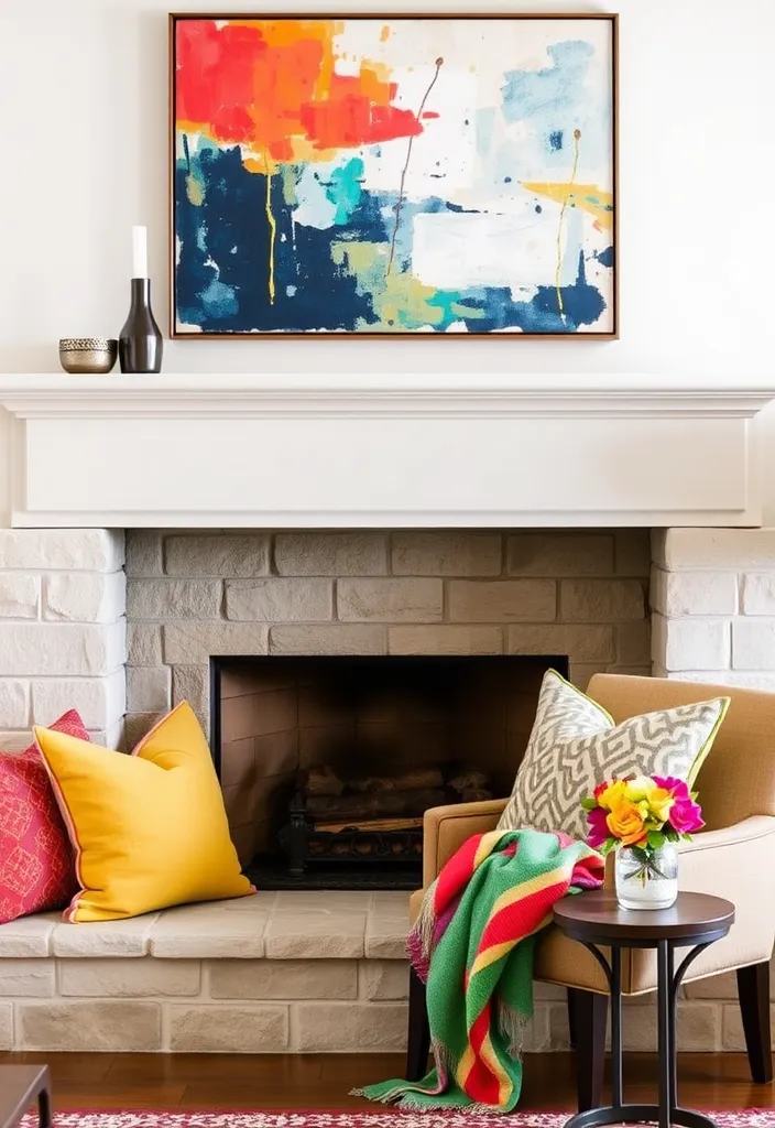 26 Farmhouse Fireplace Ideas That'll Make Your Home Feel Like a Cozy Retreat! - 8. Colorful Accents Around the Fireplace