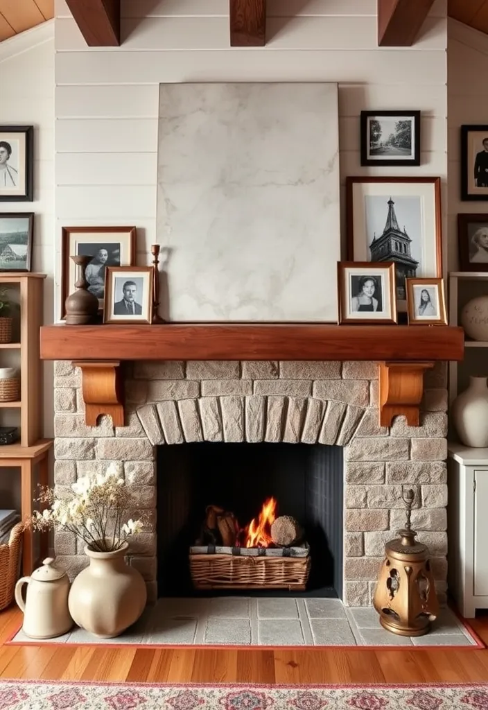 26 Farmhouse Fireplace Ideas That'll Make Your Home Feel Like a Cozy Retreat! - 20. Farmhouse Fireplace with Unique Art Pieces