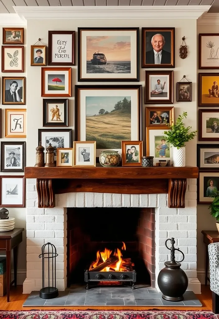 26 Farmhouse Fireplace Ideas That'll Make Your Home Feel Like a Cozy Retreat! - 14. Farmhouse Fireplace with a Gallery Wall