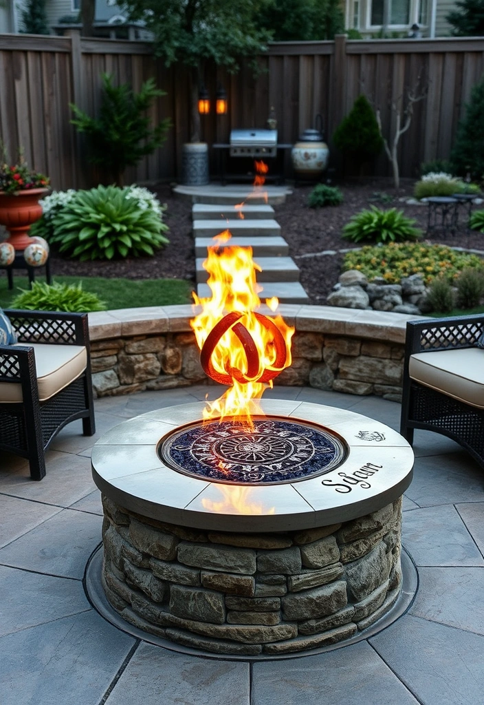 21 Stunning Fire Pit Ideas to Elevate Your Backyard Gatherings (You’ll Love #14!) - 16. Fire Pit with Custom Artwork