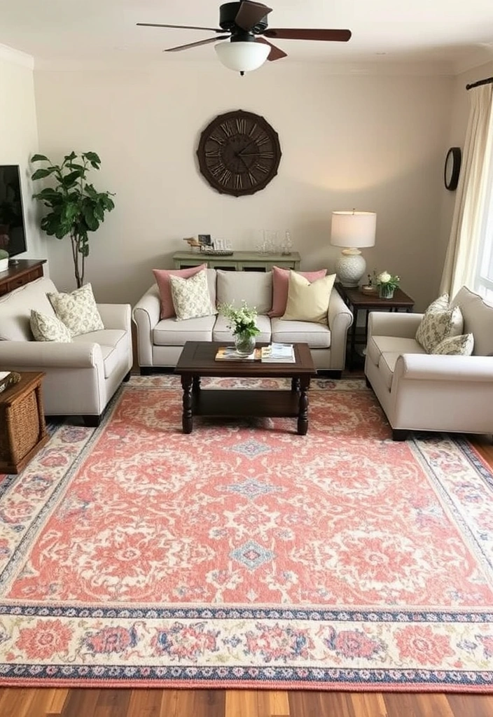 30 Beautiful Farmhouse Living Room Ideas That Will Make You Want to Redecorate! - 9. Statement Rugs