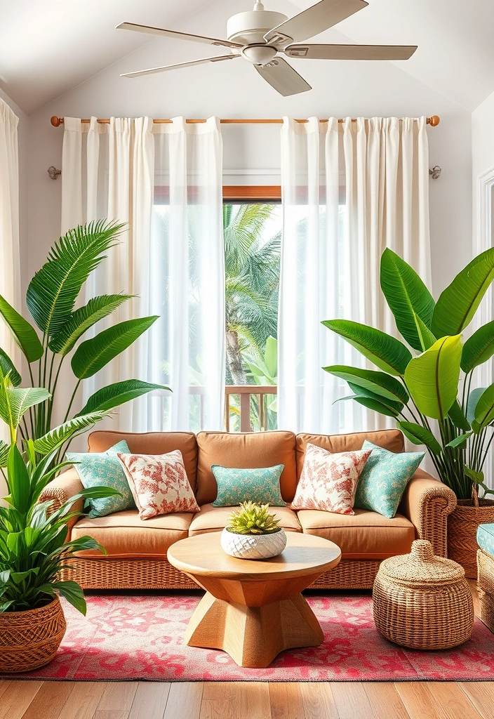 20 Brown Sofa Living Room Ideas That’ll Transform Your Space! - 12. Tropical Escape