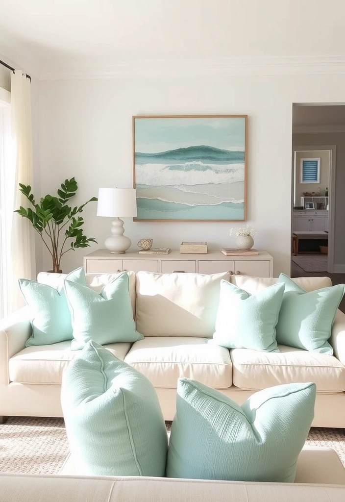 22 Coastal Neutral Living Room Ideas That Will Make You Feel Like You're on Vacation Every Day! - 7. Serene Seafoam Accents