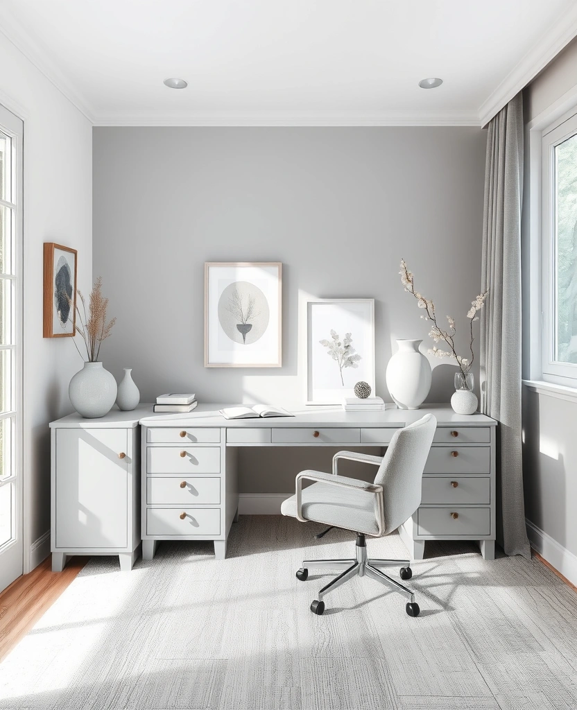 26 Stunning Moody Home Office Inspirations That Will Transform Your Workspace! - 29. Serene Monochromatic Palette