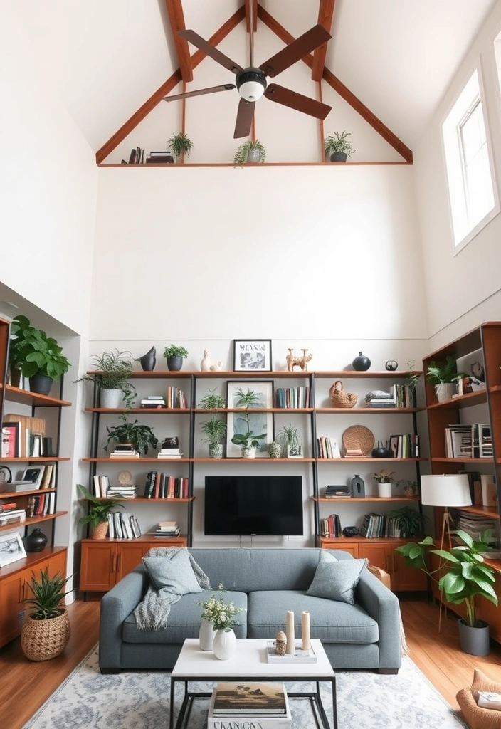 26 High Ceiling Living Room Ideas That'll Leave You Breathless (You Won't Believe #18!) - 20. Opt for Open Shelving