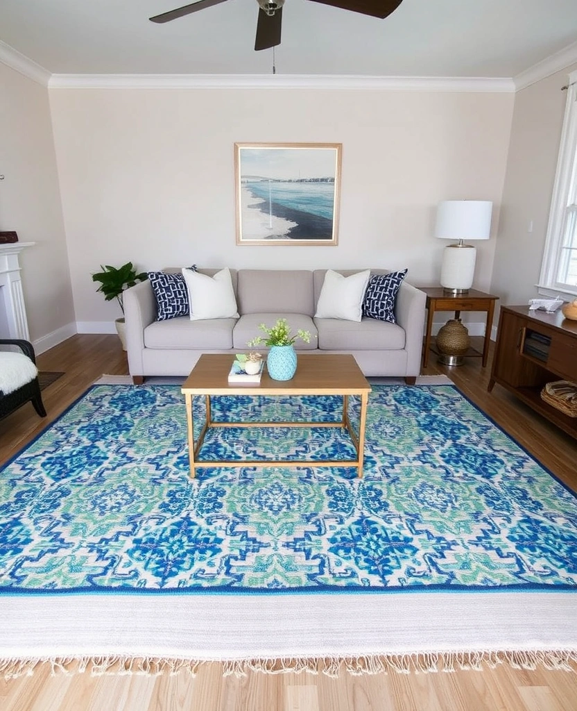 23 Blue and Green Living Room Ideas That'll Transform Your Space into a Coastal Paradise! - 30. Layered Area Rugs