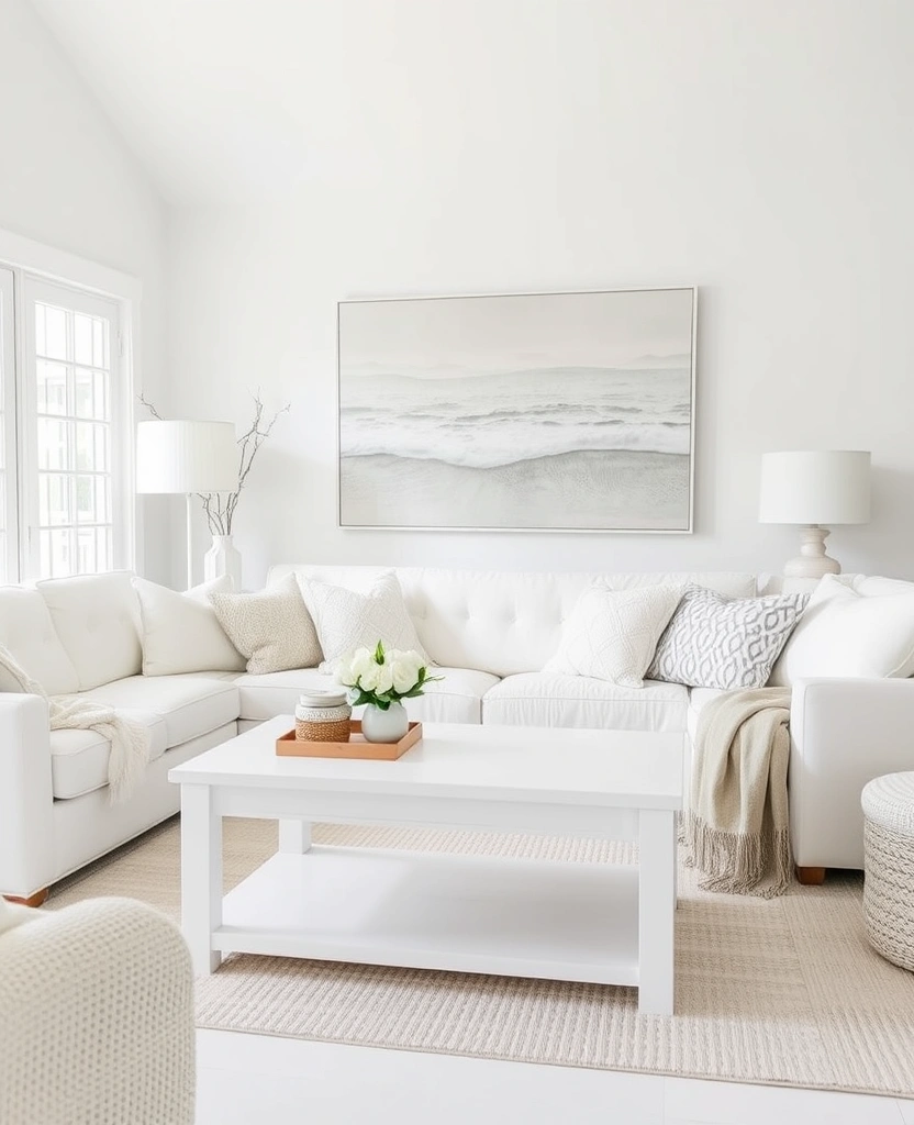 22 Coastal Neutral Living Room Ideas That Will Make You Feel Like You're on Vacation Every Day! - 24. Bright White Oasis