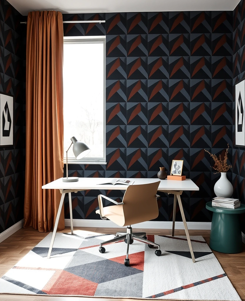 26 Stunning Moody Home Office Inspirations That Will Transform Your Workspace! - 28. Bold Geometric Patterns