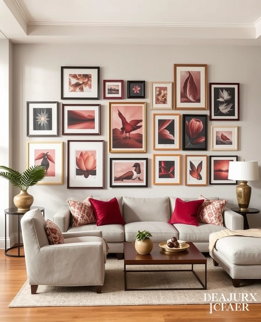 24 Burgundy Living Room Inspirations That Will Spark Your Creativity! - 24. Burgundy Gallery Wall