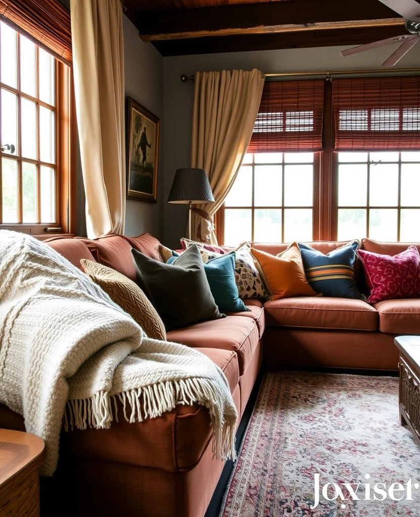 25 Cozy Whiskey Lounge Ideas That'll Turn Your Living Room into a Luxurious Retreat! - 18. Layered Textiles for Comfort