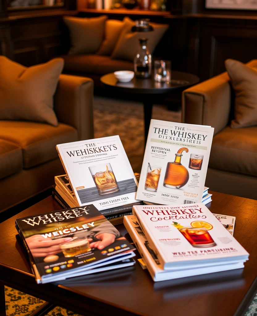 25 Cozy Whiskey Lounge Ideas That'll Turn Your Living Room into a Luxurious Retreat! - 20. Whiskey-Themed Books and Magazines