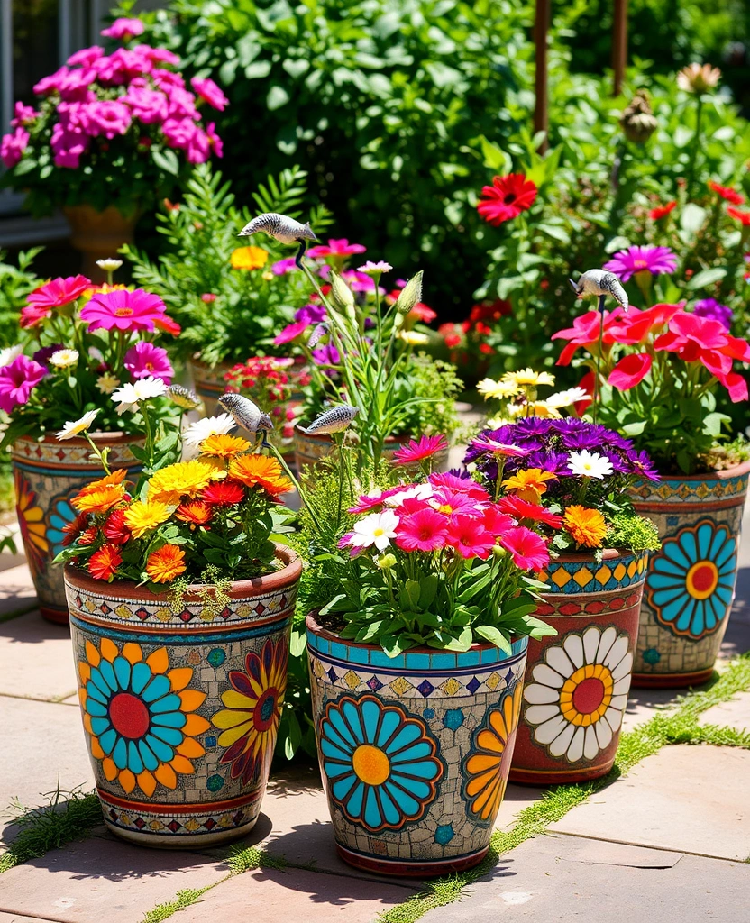 21 Stunning Outdoor Potted Plants Ideas That Will Transform Your Space! - 29. Artistic Mosaic Planters