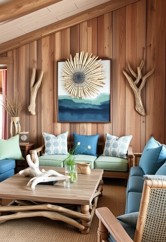 23 Blue and Green Living Room Ideas That'll Transform Your Space into a Coastal Paradise! - 14. Driftwood Decor