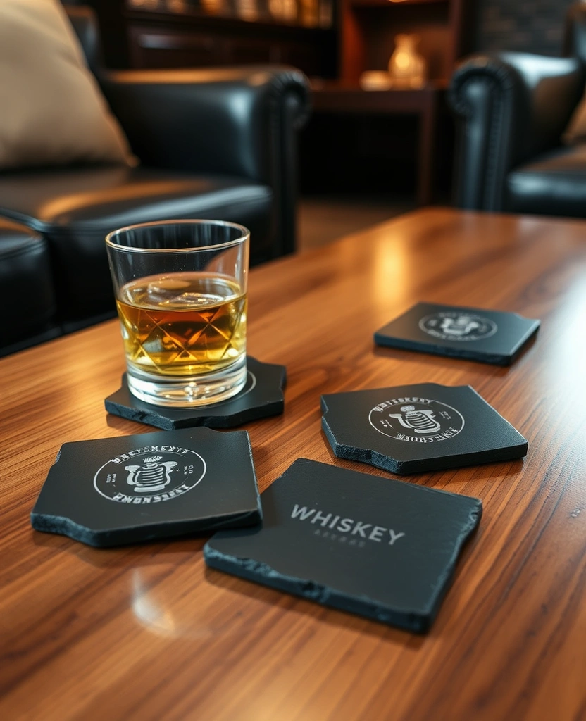 25 Cozy Whiskey Lounge Ideas That'll Turn Your Living Room into a Luxurious Retreat! - 19. Distinctive Coasters