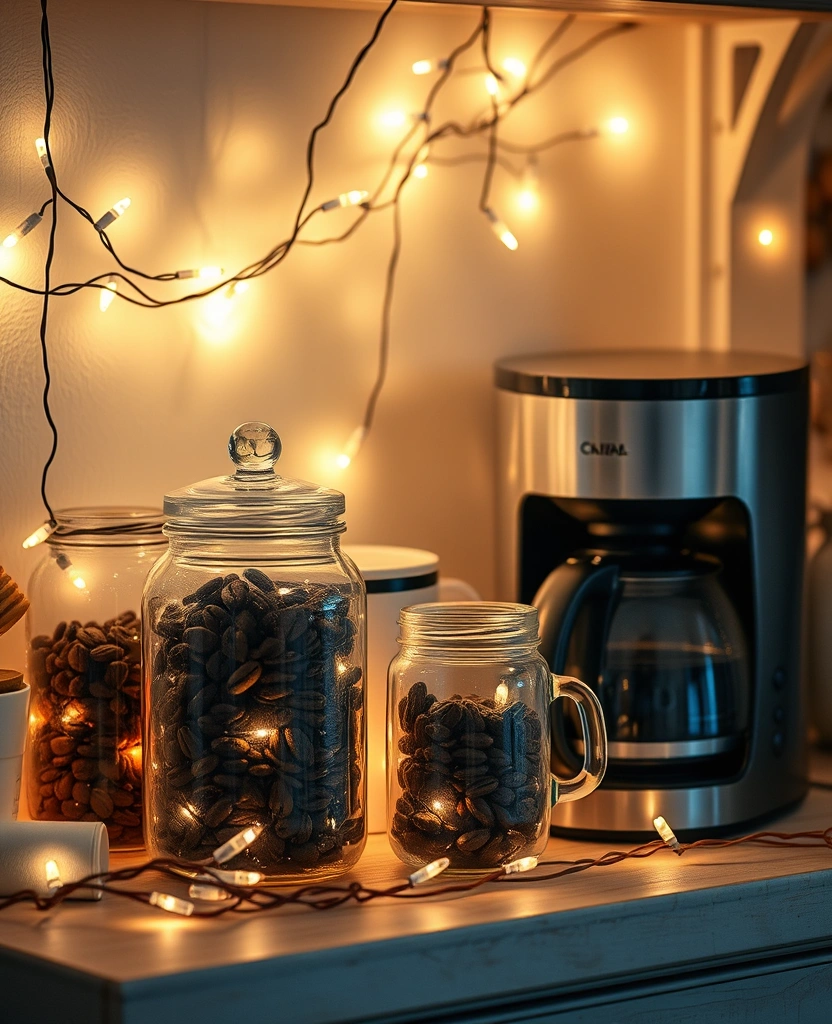 23 DIY Coffee Station Ideas That'll Transform Your Mornings! - 18. Whimsical Fairy Light Station