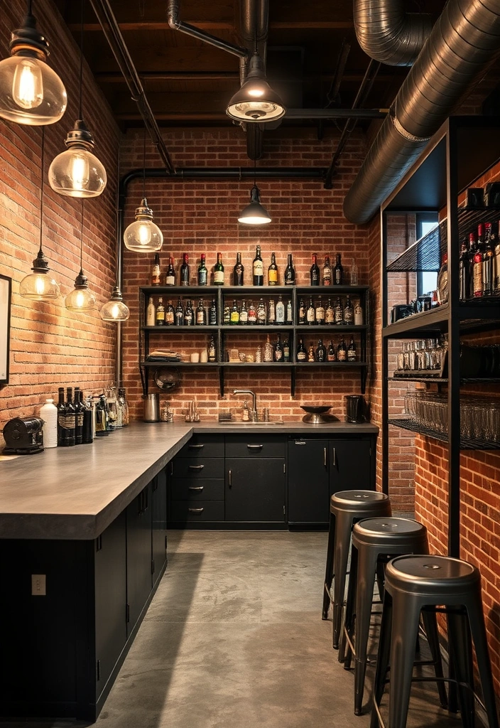 24 Basement Bar Ideas That'll Make You Want to Host Every Weekend! - 3. Industrial-Style Bar