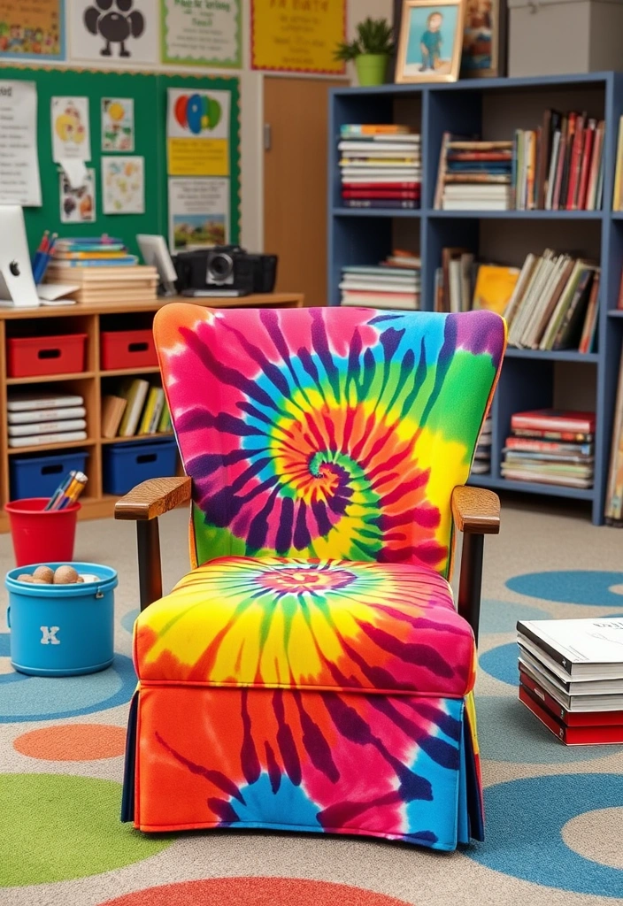 27 Yard Painted DIY Teacher Reading Chairs That Will Transform Any Classroom! - 14. DIY Tie-Dye Chairs