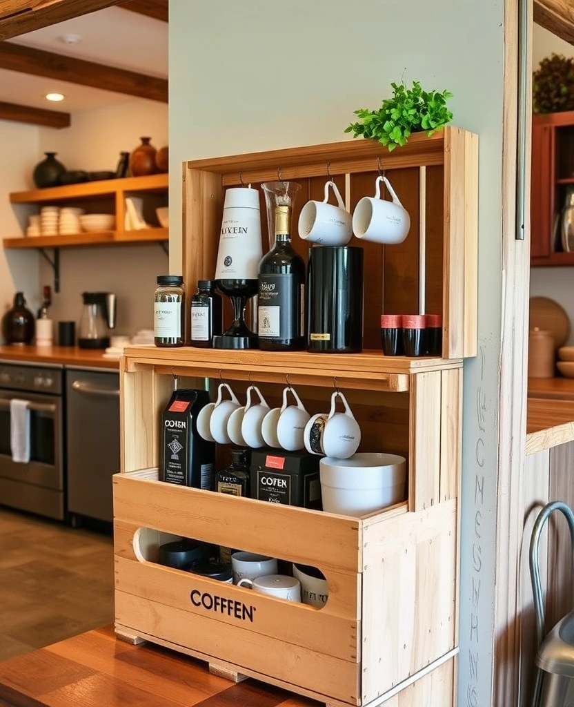 23 DIY Coffee Station Ideas That'll Transform Your Mornings! - 17. Upcycled Wine Crate Station