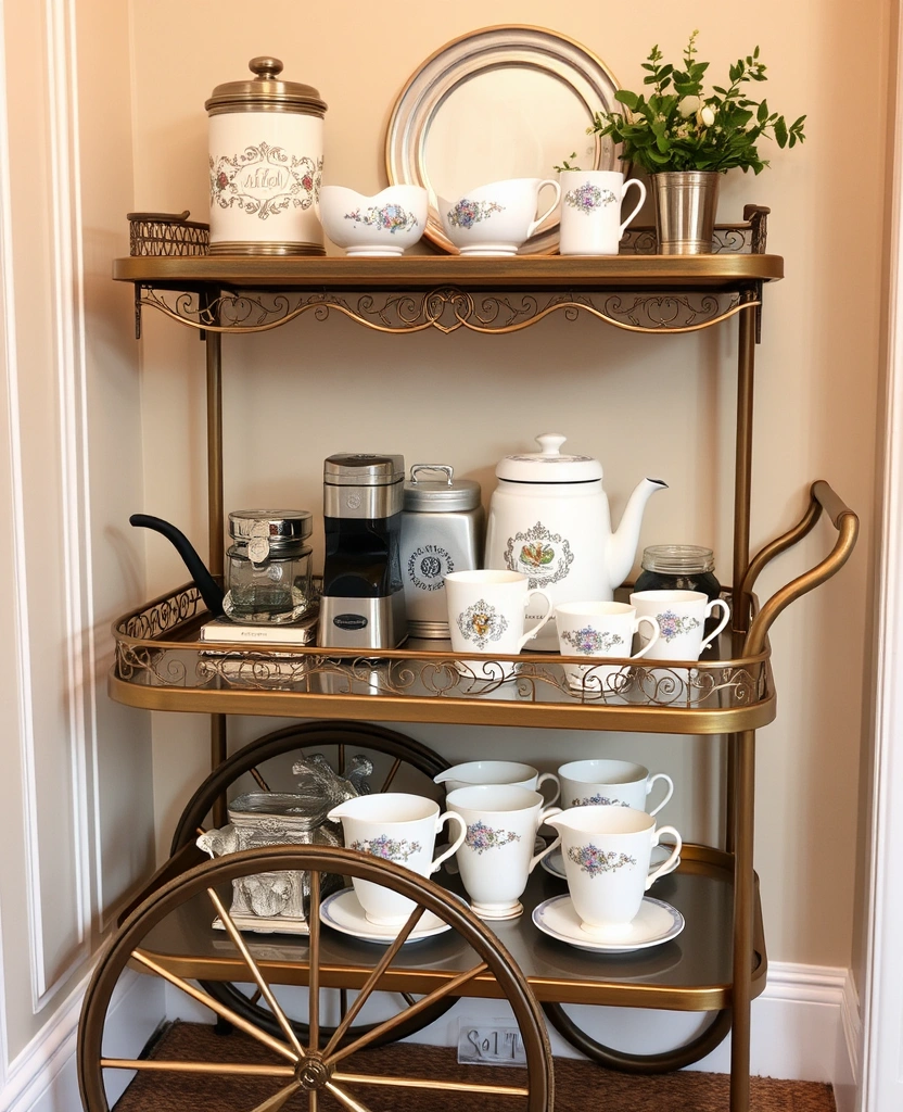 23 DIY Coffee Station Ideas That'll Transform Your Mornings! - 22. Elegant Tea Cart Coffee Station