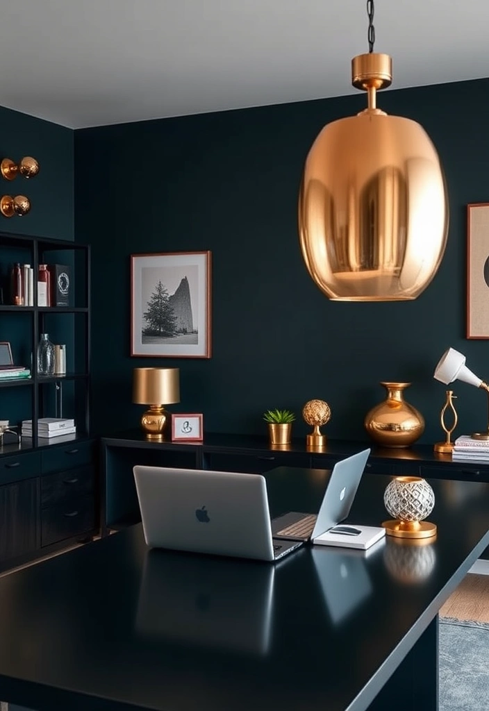 26 Stunning Moody Home Office Inspirations That Will Transform Your Workspace! - 18. Warm Metallic Accents