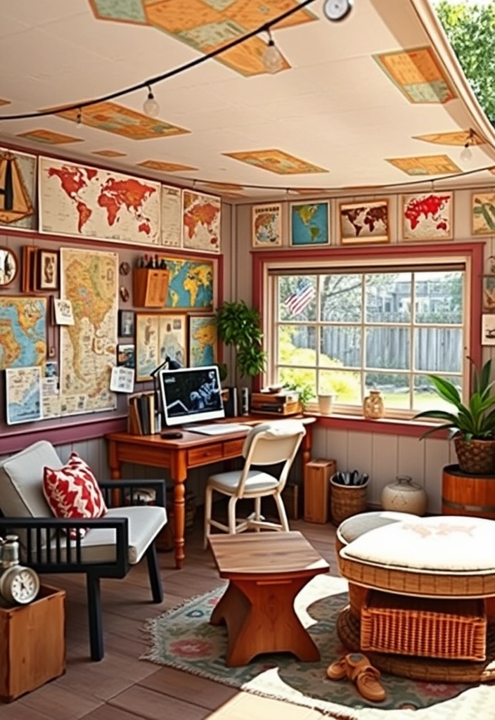 26 Shedquarters Backyard Office Ideas You Won't Believe Exist! - 20. The Travel-Inspired Office