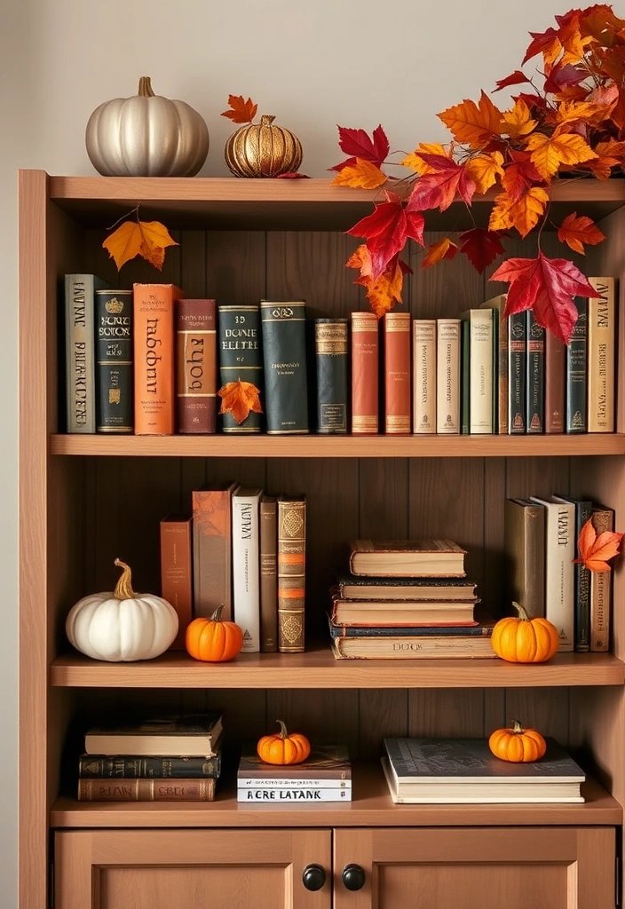 29 Fall Budget Decorating Ideas You Can’t Afford to Miss (Especially #16!) - 21. Autumn-Themed Bookshelf Decor