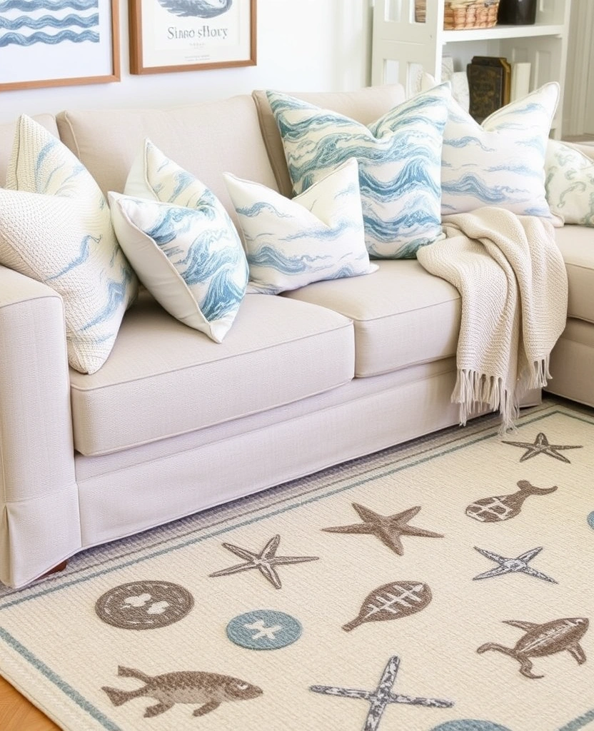 22 Coastal Neutral Living Room Ideas That Will Make You Feel Like You're on Vacation Every Day! - 22. Coastal-Inspired Textiles