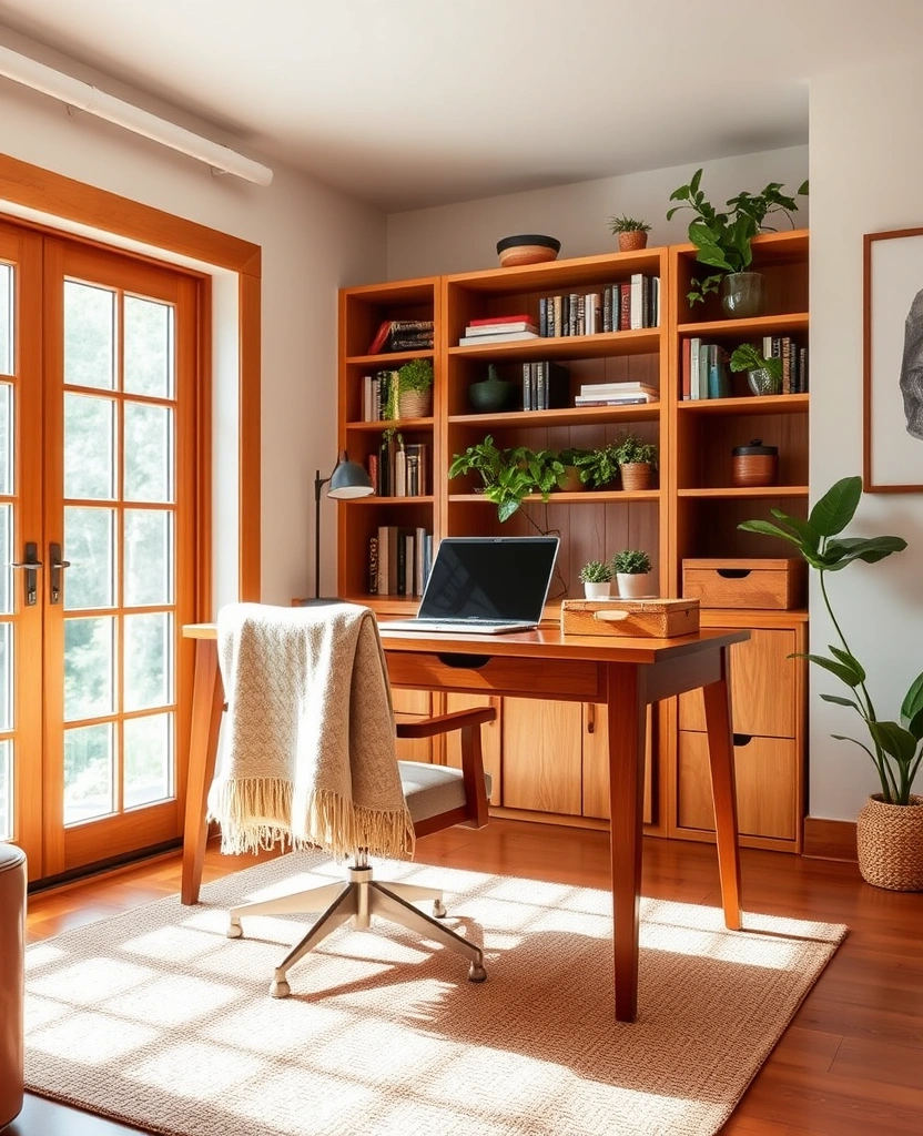 26 Stunning Moody Home Office Inspirations That Will Transform Your Workspace! - 22. Warm Wood Accents