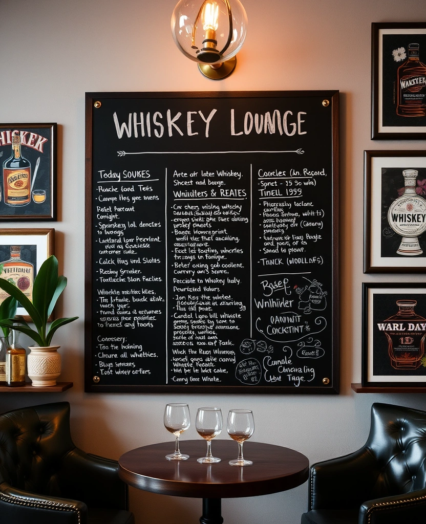 25 Cozy Whiskey Lounge Ideas That'll Turn Your Living Room into a Luxurious Retreat! - 22. Interactive Whiskey Recipe Board