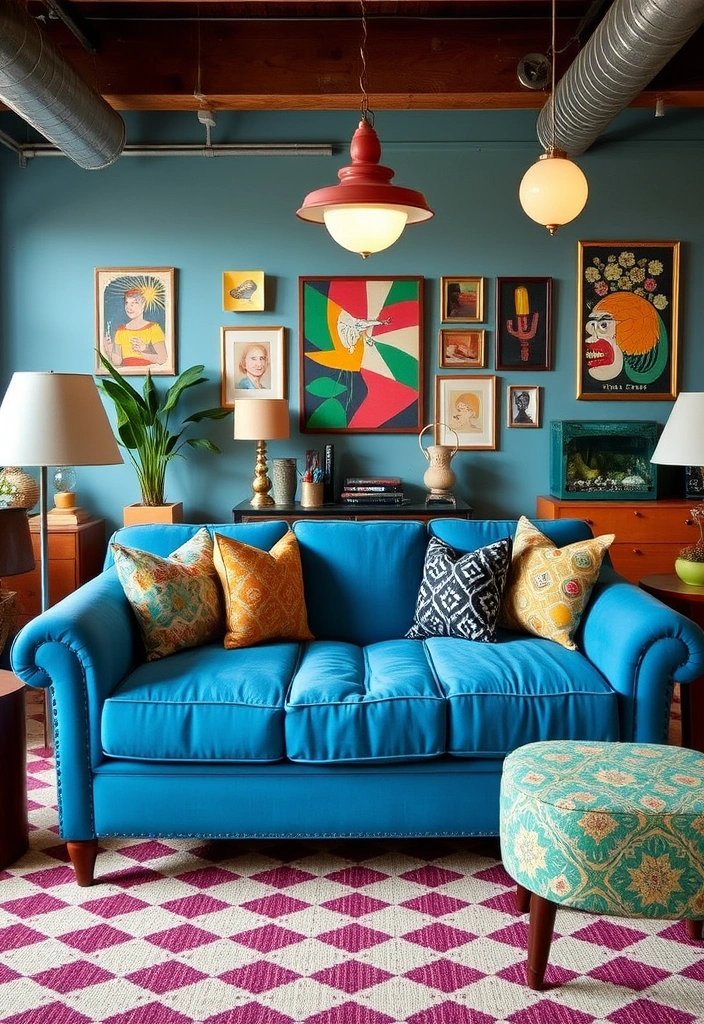 27 Stunning Blue Couch Living Room Ideas You’ll Want to Copy ASAP! - 16. Retro Revival