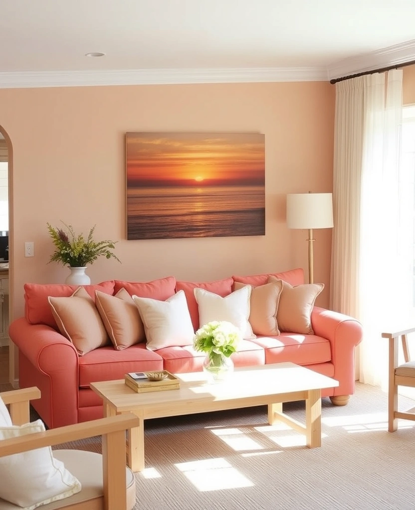 22 Coastal Neutral Living Room Ideas That Will Make You Feel Like You're on Vacation Every Day! - 17. Warm Sunset Hues