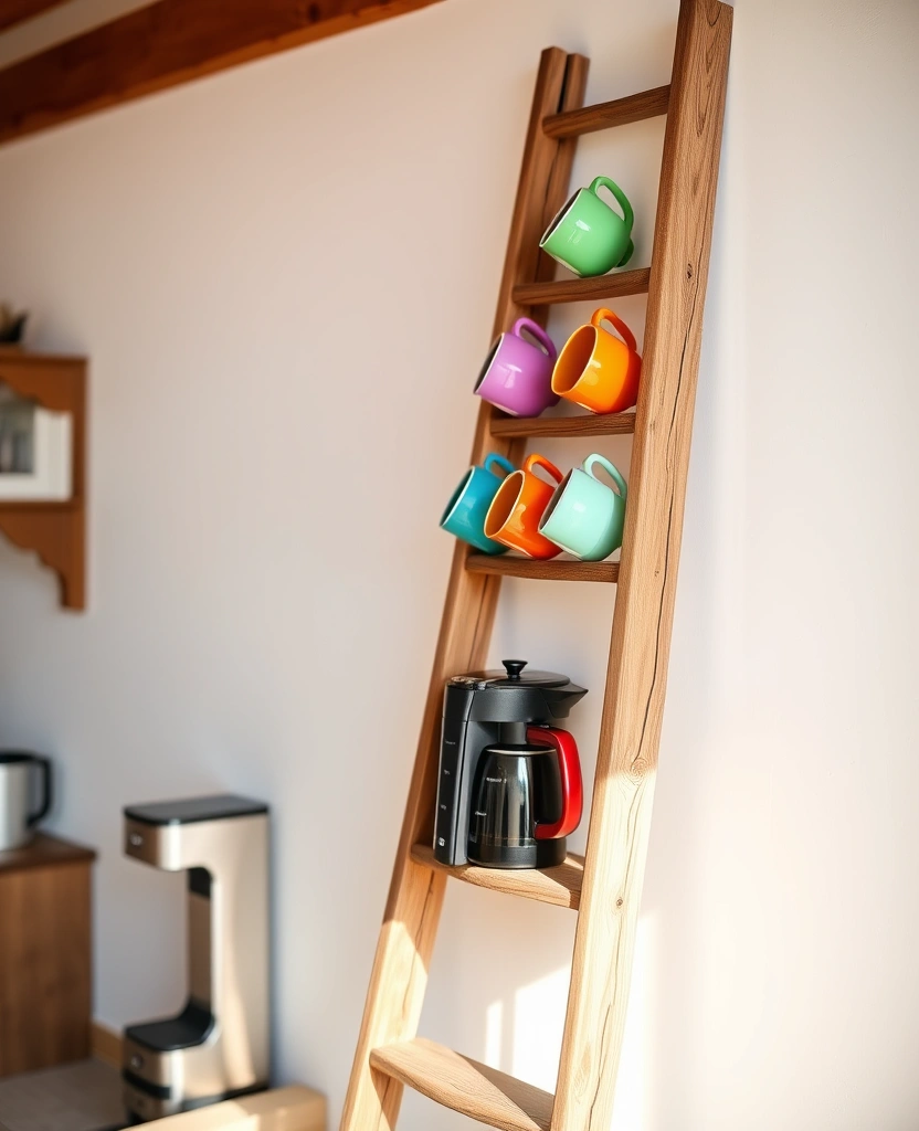 23 DIY Coffee Station Ideas That'll Transform Your Mornings! - 16. Rustic Ladder Display