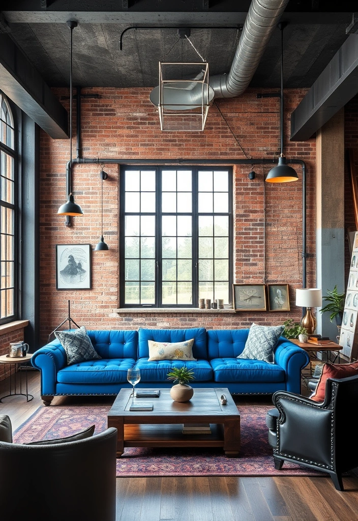 27 Stunning Blue Couch Living Room Ideas You’ll Want to Copy ASAP! - 20. Industrial Edge