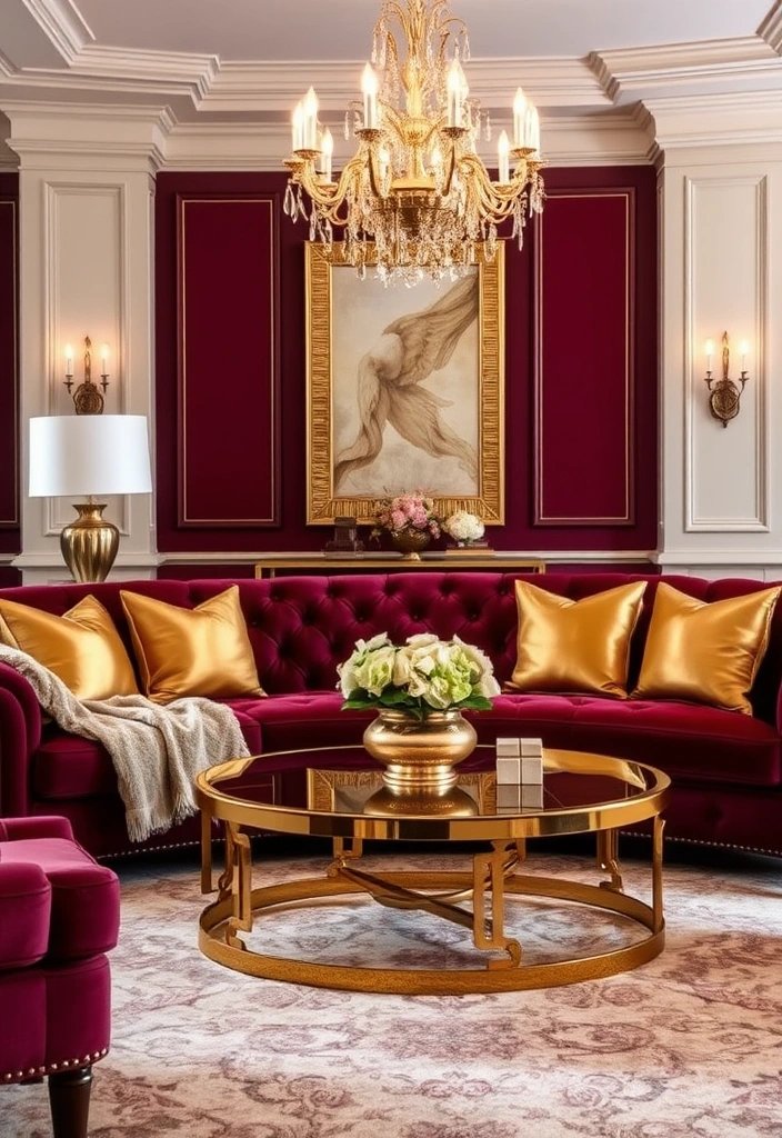 24 Burgundy Living Room Inspirations That Will Spark Your Creativity! - 2. Burgundy and Gold Glamour