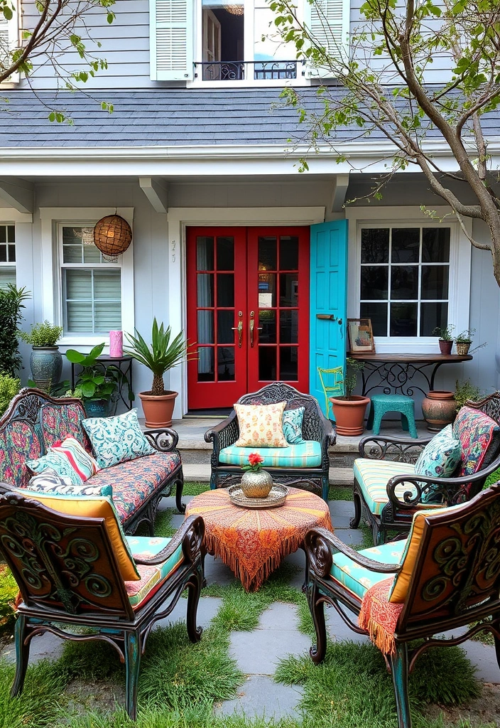 27 Stunning Front Yard Landscaping Ideas That'll Transform Your Home Into a Neighborhood Showstopper! - 21. Artistic Patio Furniture