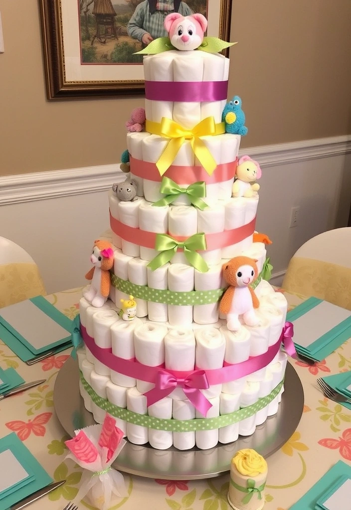 22 Couples Baby Shower Cute Ideas That'll Make You Say 'Aww!' - 5. Playful Diaper Cake Centerpiece