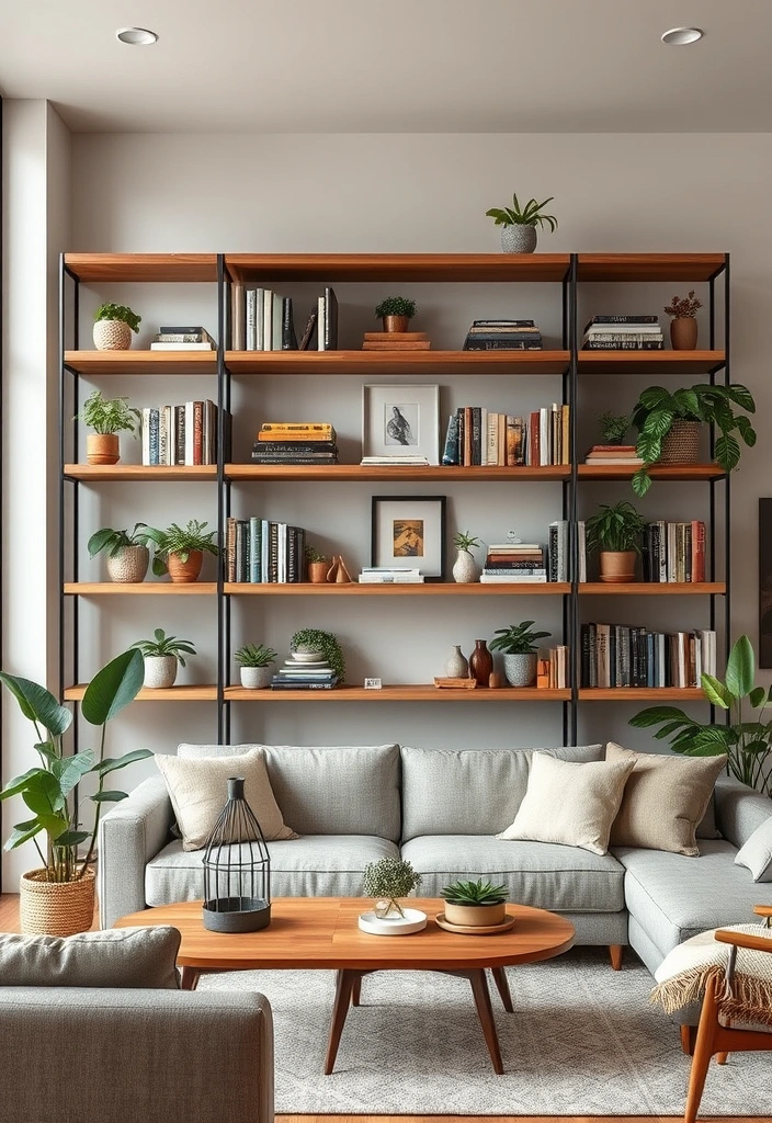 23 Earthy Modern Living Room Ideas That'll Make You Feel Right at Home! - 12. Open Shelving