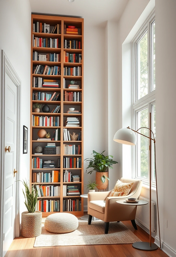 21 Long Narrow Living Room Ideas That'll Transform Your Space (You Won't Believe #13!) - 1. Embrace Vertical Space with Tall Bookshelves