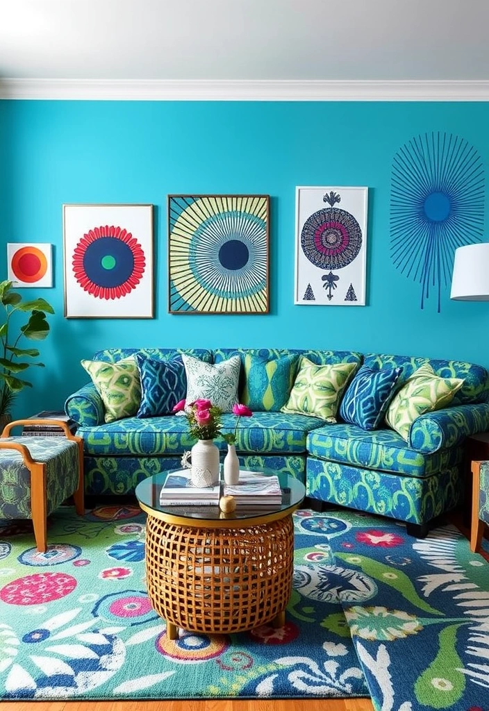 23 Blue and Green Living Room Ideas That'll Transform Your Space into a Coastal Paradise! - 11. Funky Prints