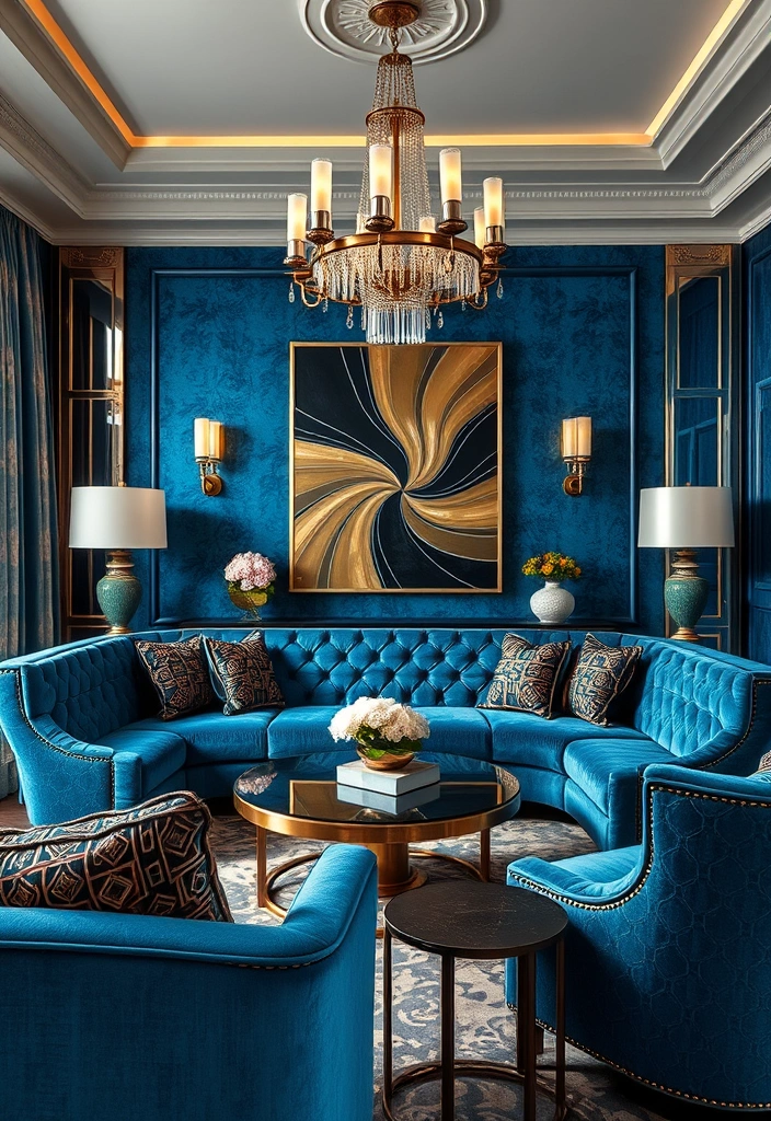 27 Stunning Blue Couch Living Room Ideas You’ll Want to Copy ASAP! - 17. Art Deco Glam