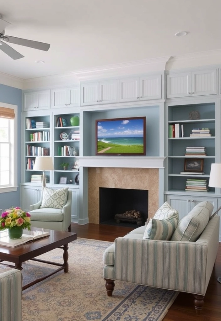 23 Blue and Green Living Room Ideas That'll Transform Your Space into a Coastal Paradise! - 19. Customized Built-Ins