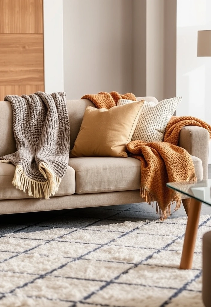 23 Earthy Modern Living Room Ideas That'll Make You Feel Right at Home! - 1. Cozy Textured Throws