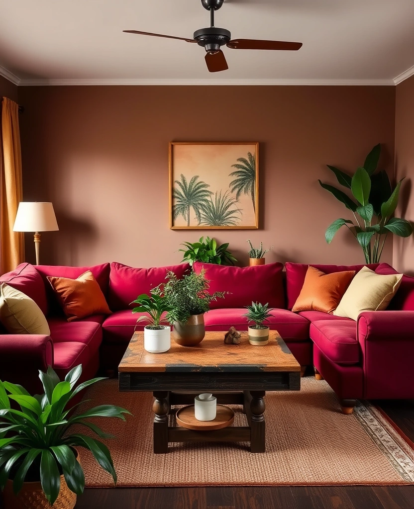 24 Burgundy Living Room Inspirations That Will Spark Your Creativity! - 17. Burgundy and Earthy Tones Fusion