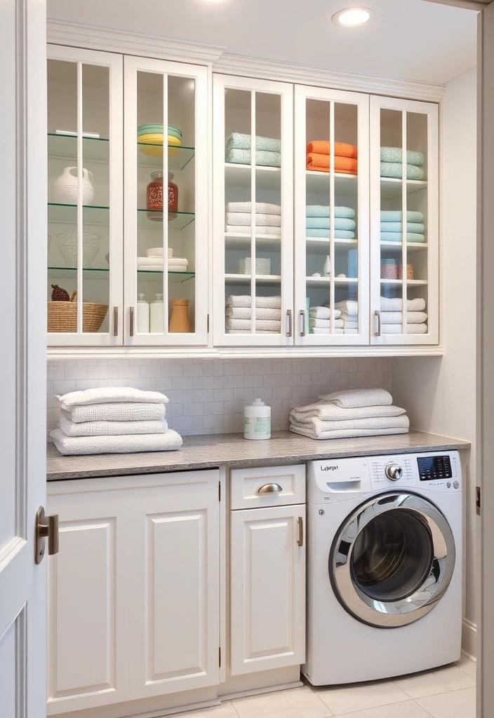 20 Laundry Room Cabinet Ideas That'll Make You Want to Do Laundry! - 6. Glass-Front Cabinets