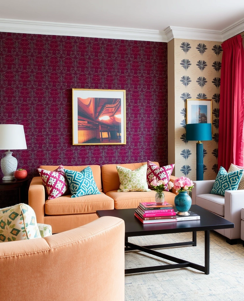 24 Burgundy Living Room Inspirations That Will Spark Your Creativity! - 19. Bright and Bold Patterns