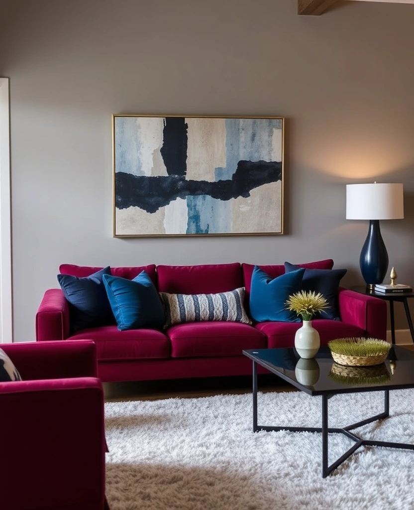 24 Burgundy Living Room Inspirations That Will Spark Your Creativity! - 18. Burgundy and Blue Harmony