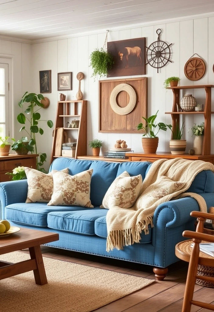 27 Stunning Blue Couch Living Room Ideas You’ll Want to Copy ASAP! - 13. Farmhouse Cozy